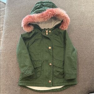 Toddler Green Hooded Jacket with Pink Fur Trim